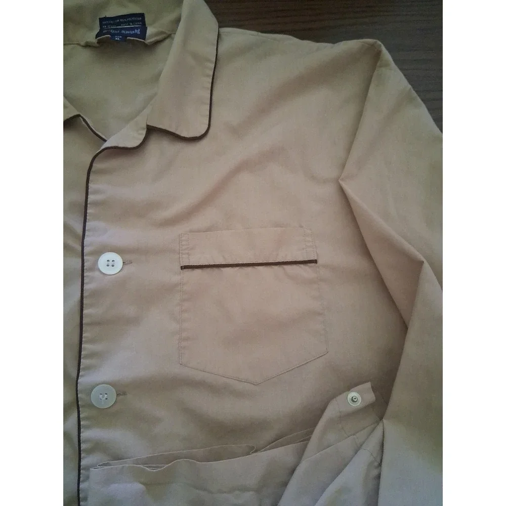 VTG Royal Knight XL Men's Pajamas Pant Set Long Sleeve Tan w Brown Piping 1 spot